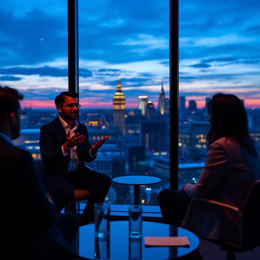 Founders pitching to investors with London skyline at dusk